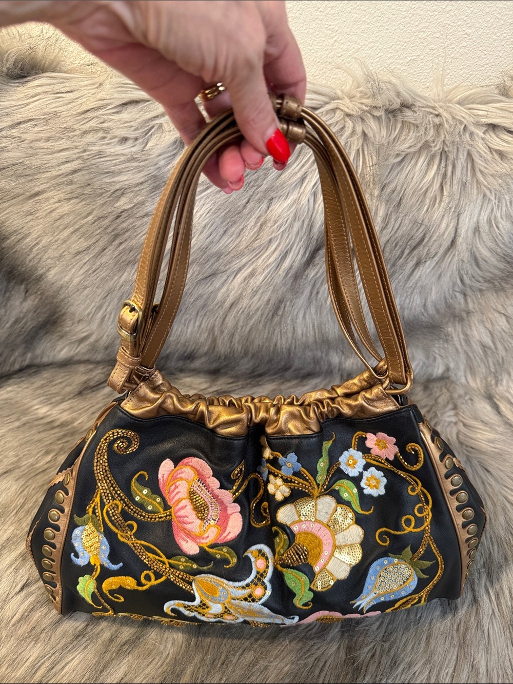 Isabella Fiore Embroidered Floral Black & Multicolor Shoulder Bag